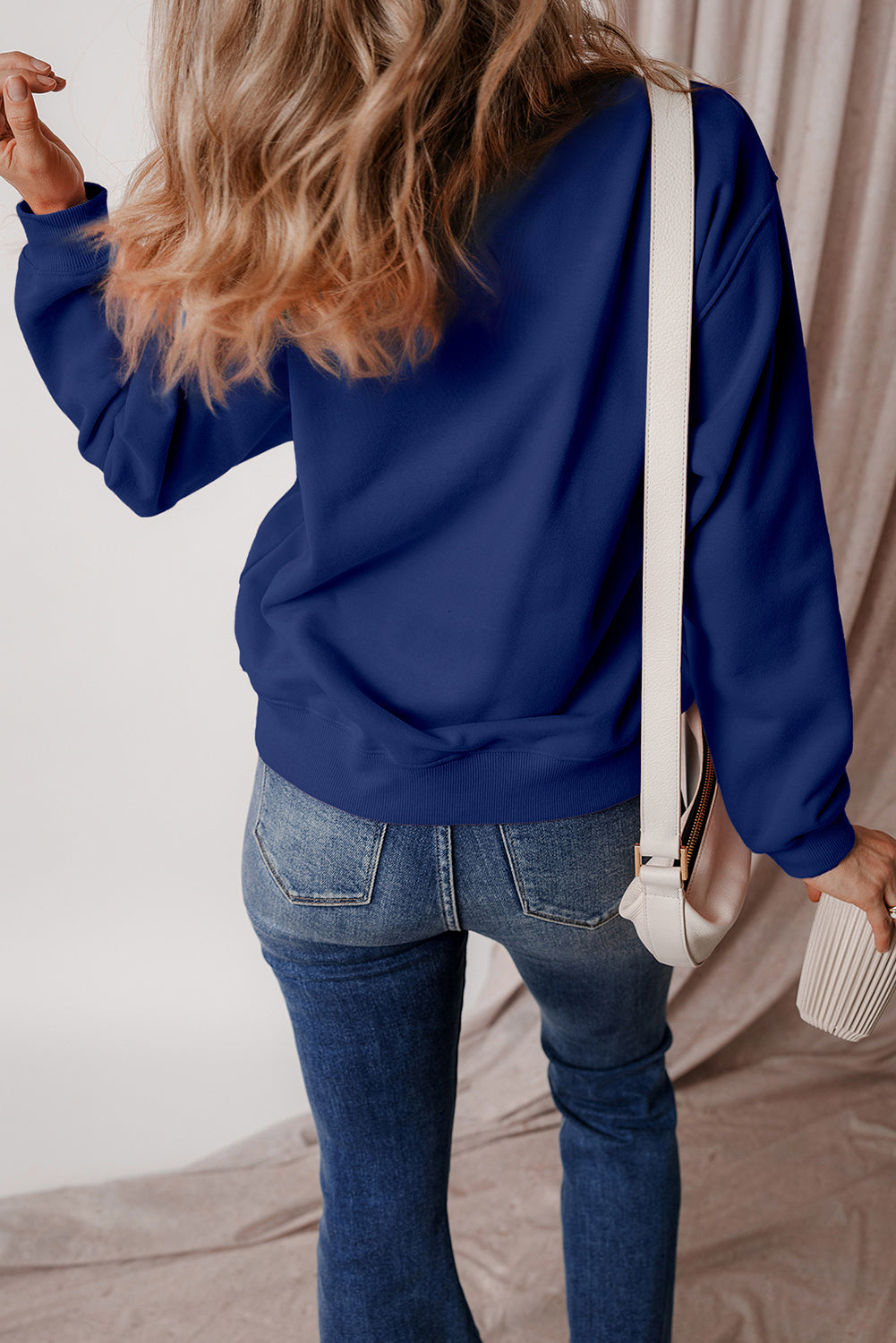 Solid Fleece Lined Drop Shoulder Terry Sweatshirt | Navy Blue