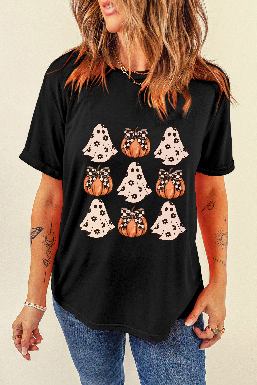 Halloween Ghost Pumpkin Print Crew Neck T Shirt | Black