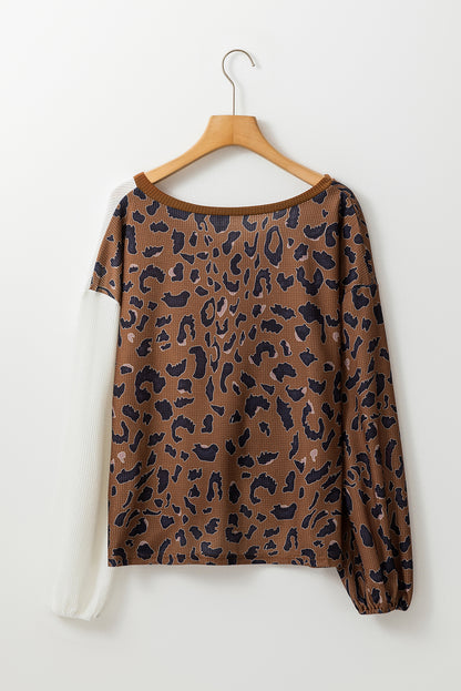 Leopard Contrast Waffle Knit Twist Hem V Neck Top | Brown