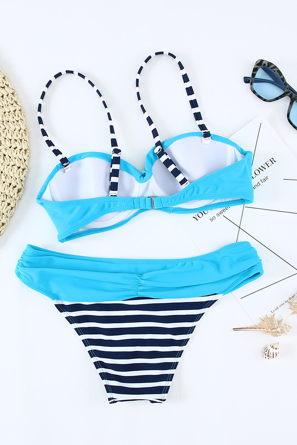 Striped Blue Padded Gather Push-Up Bikini Set | Blue