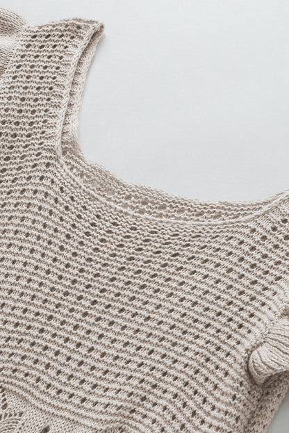 Pointelle Knit Flutter Sleeve Sweater | Beige