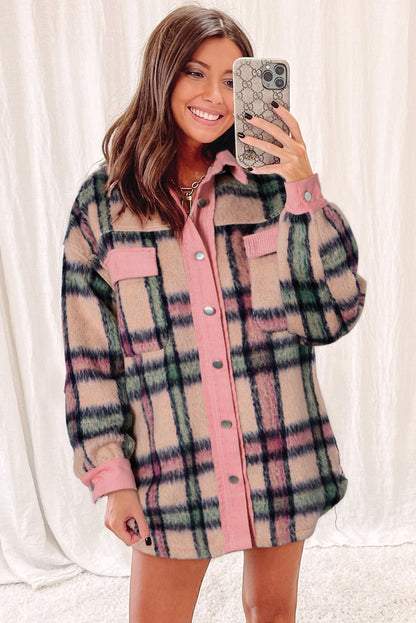 Fuzzy Plaid Corduroy Patchwork Shacket | Pink