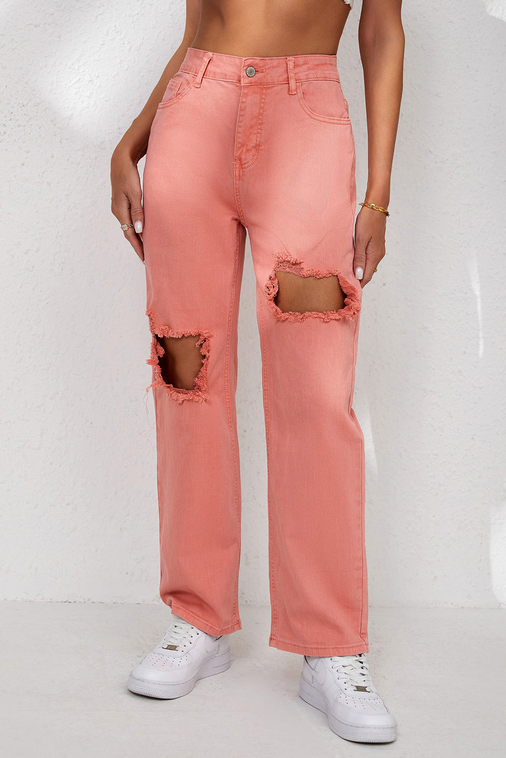 High Waist Ripped Straight Leg Pocket Jeans | Pink