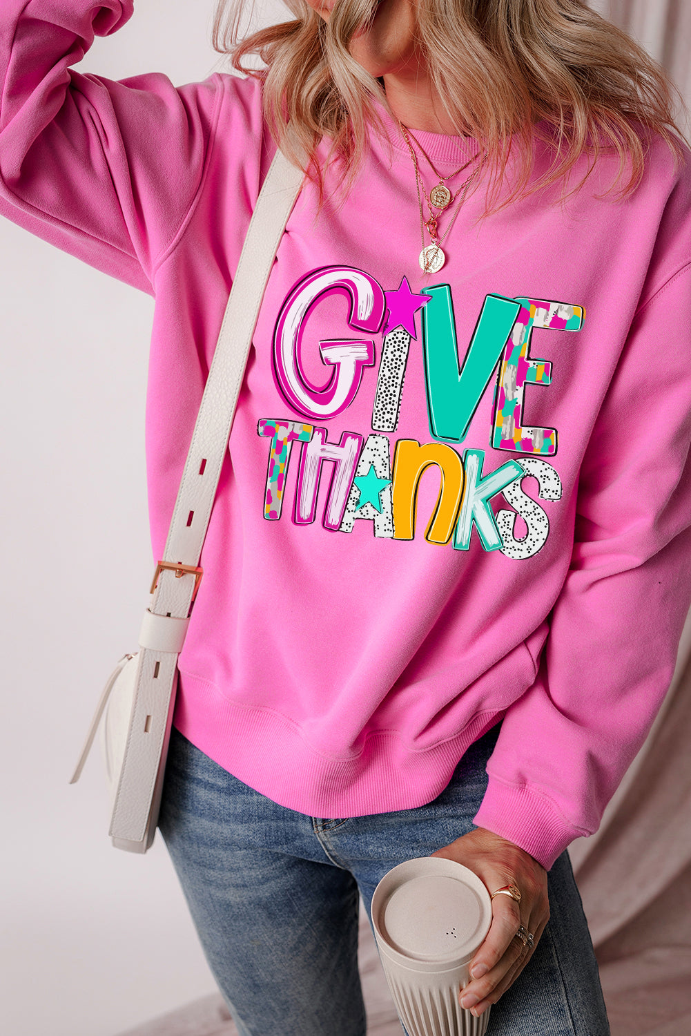 Give Thanks Graphic Drop Shoulder Thanksgiving Pullover Sweatshirt | Bonbon