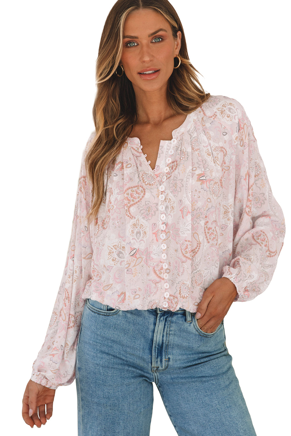 Paisley Print Buttons Bubble Sleeve Blouse | Pink