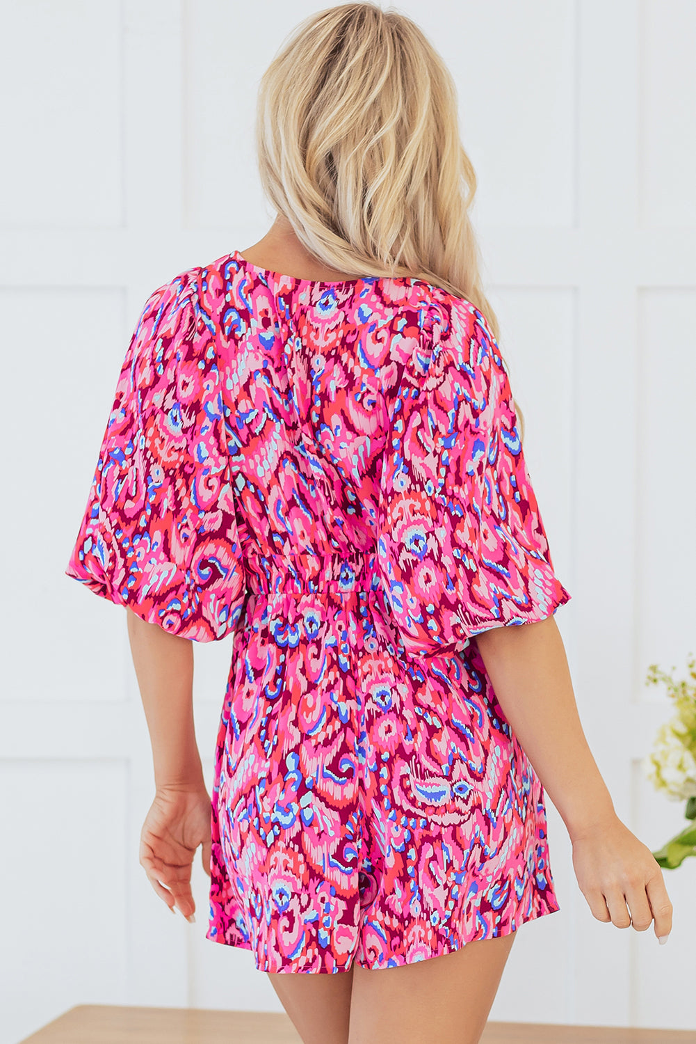 Abstract Print Puff Sleeve V Neck High Waist Romper | Pink