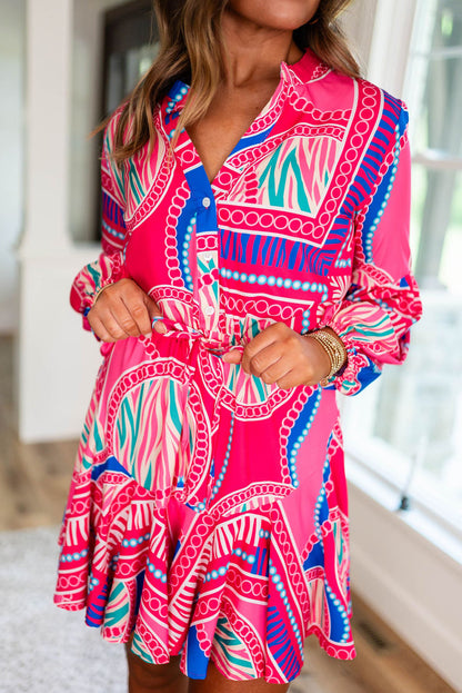 Boho Abstract Printed Puff Sleeve Drawstring Waist Ruffled Mini Dress | Rose