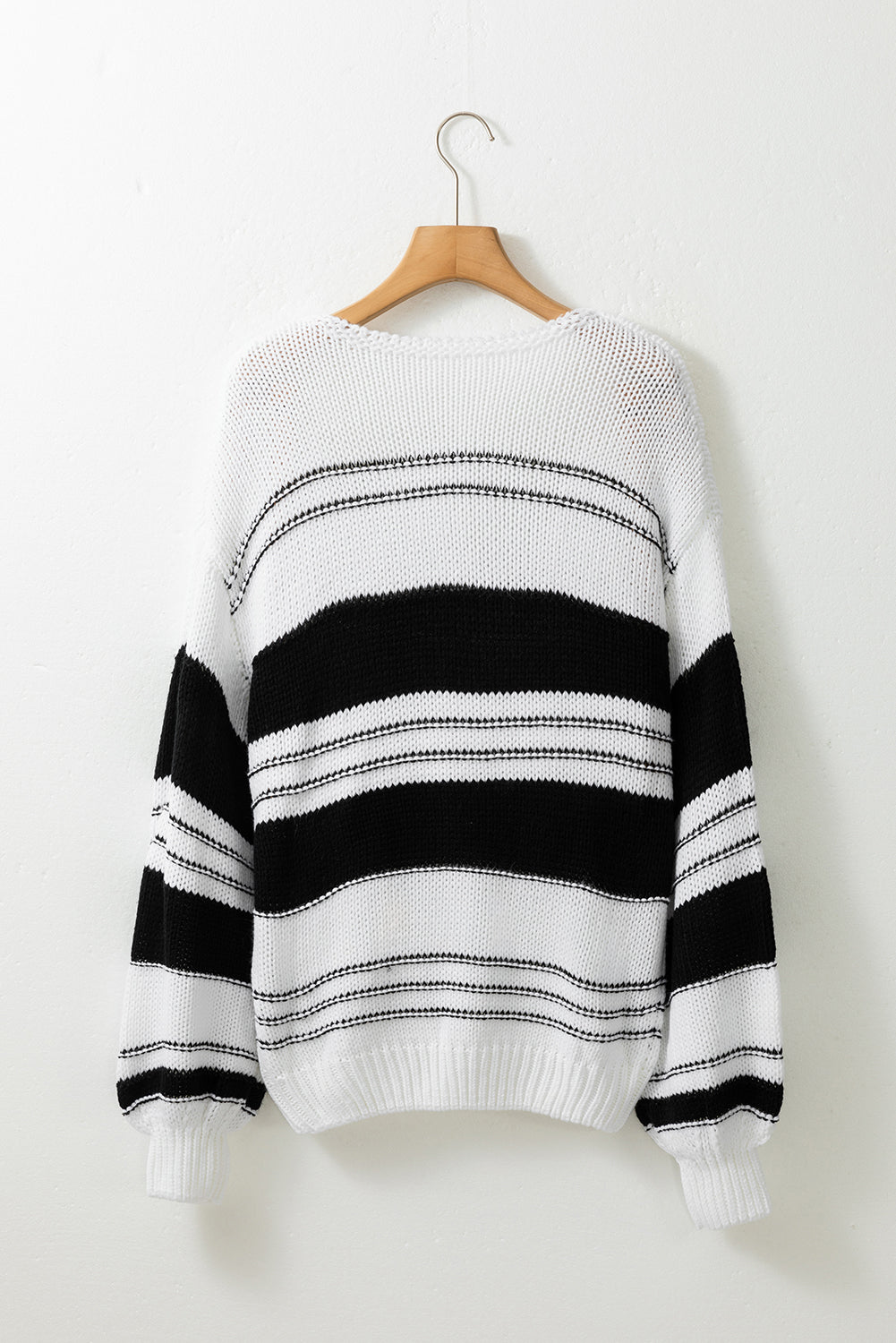 Striped Knit Puff Sleeve Casual Sweater | Black Stripe