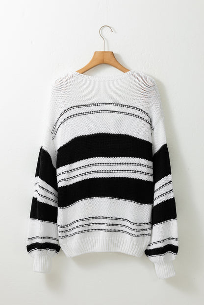 Striped Knit Puff Sleeve Casual Sweater | Black Stripe