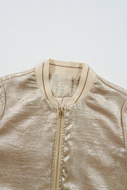 Metallic Zip Up Baseball Jacket | Pale Khaki