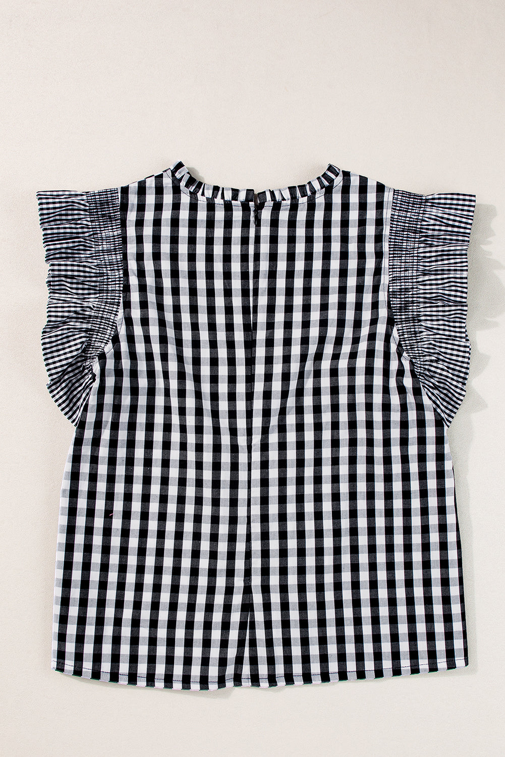 Checkered Ruffled Sleeve Frilled Neck Blouse | Black