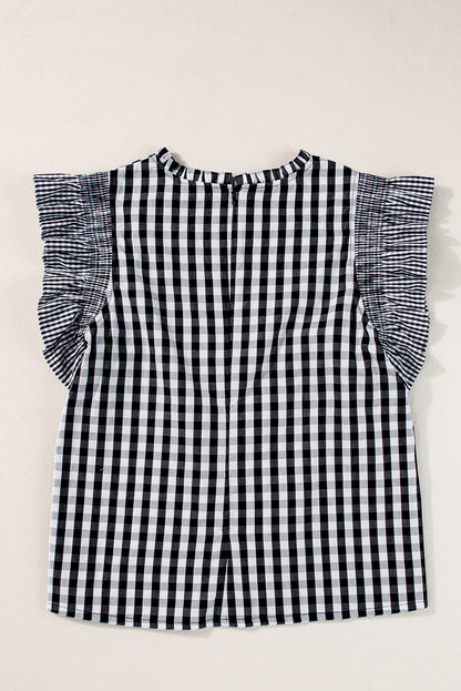 Checkered Ruffled Sleeve Frilled Neck Blouse | Black