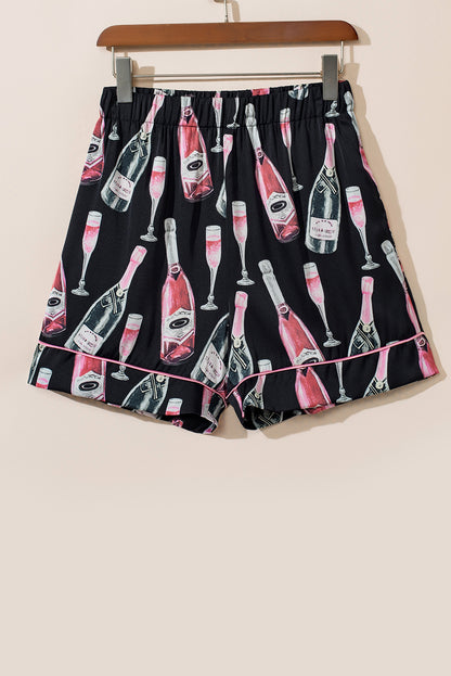 Champagne Print Silky Short Sleeve Pajamas Set | Black