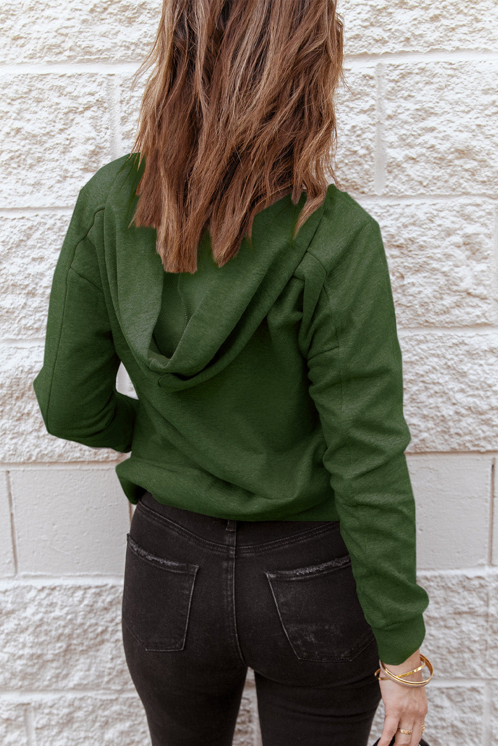 Casual Solid Colour Lace-Up Hoodie | Green