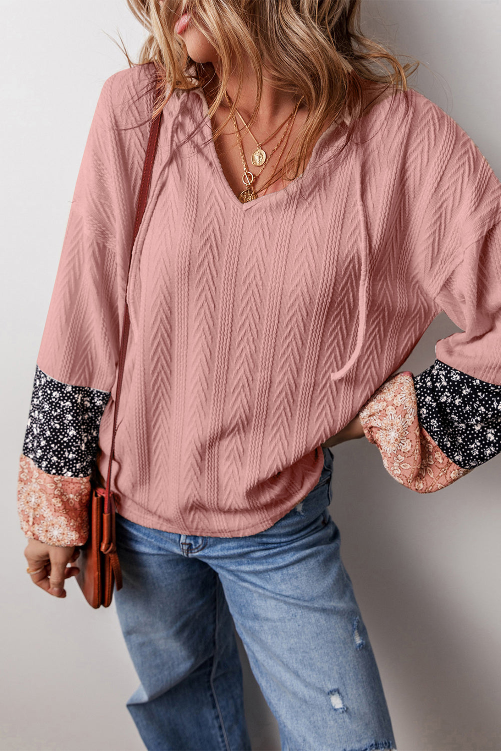 Floral Patchwork Textured Knit Drawstring V Neck Blouse | Dusty Pink