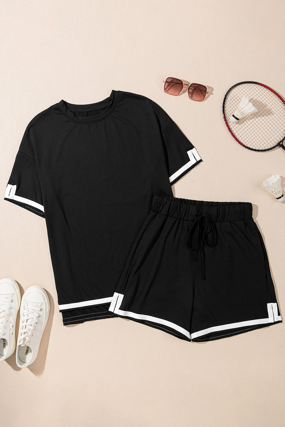 Contrast Trim Tee And Shorts Set | Black