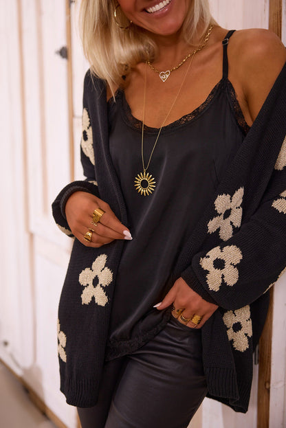 Floral Print Knitted Open Front Loose Cardigan | Black