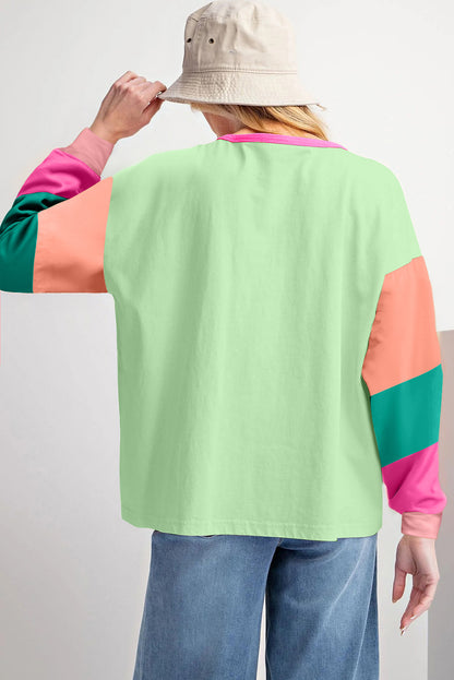 Colourblock Patchwork Long Sleeve Loose Top | Green