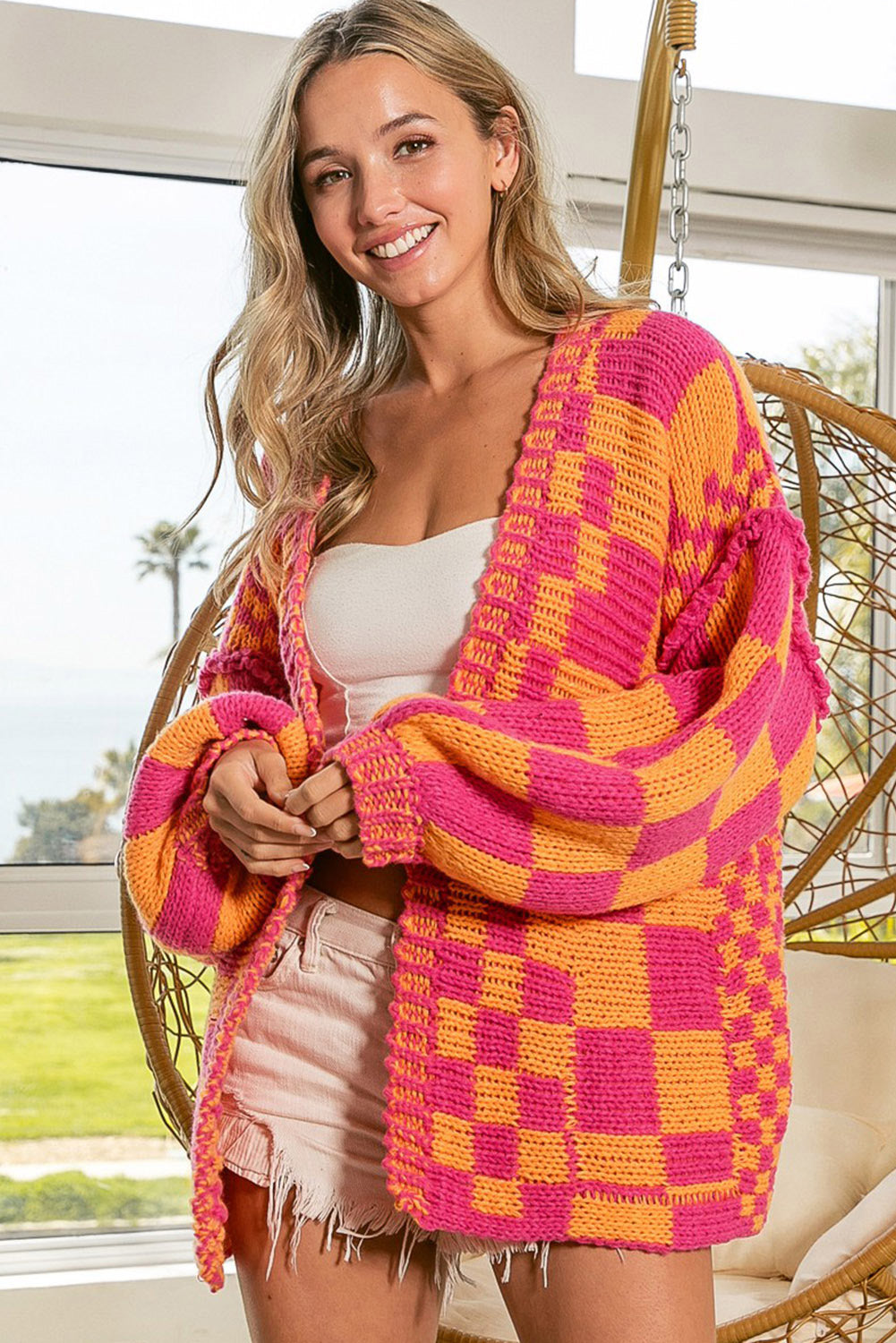 Open Front Mixed Checkered Pattern Knit Cardigan | Multicolour