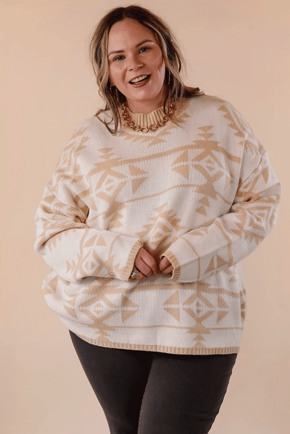 Plus Size Western Aztec Print Loose Sweater | Apricot