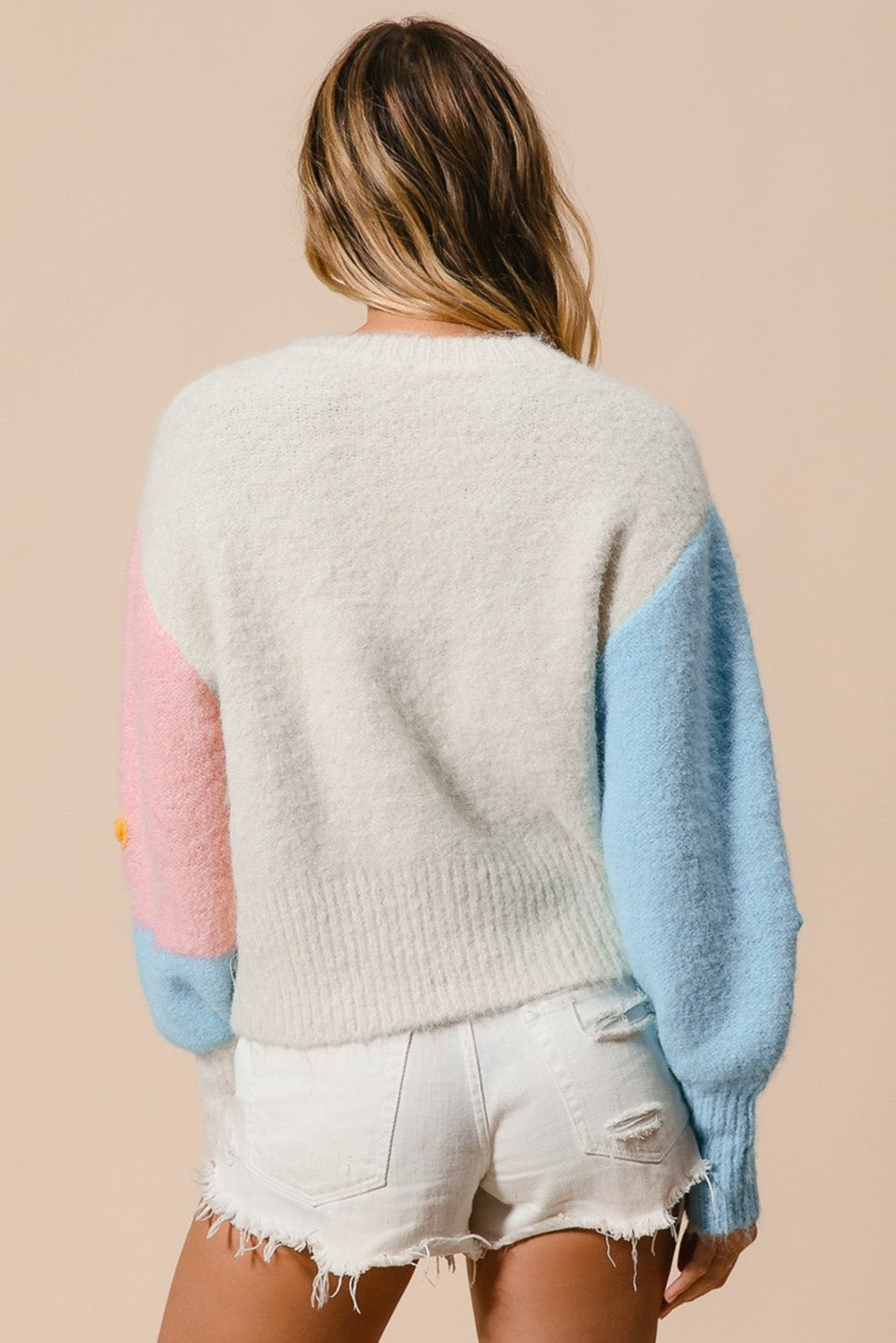 Floral Embroidered Colourblock Fuzzy Drop Shoulder Sweater | Multicolour