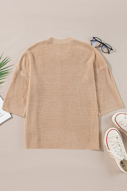 Contrast Striped 3/4 Sleeve Crew Neck Sweater | Light French Beige