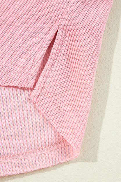 Ribbed Knit Collared Henley Top With Chest Pocket | Pink