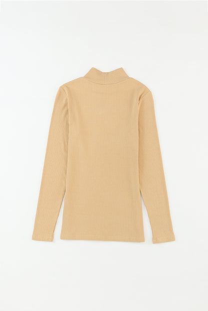 Ribbed Knit High Neck Long Sleeve Top | Khaki