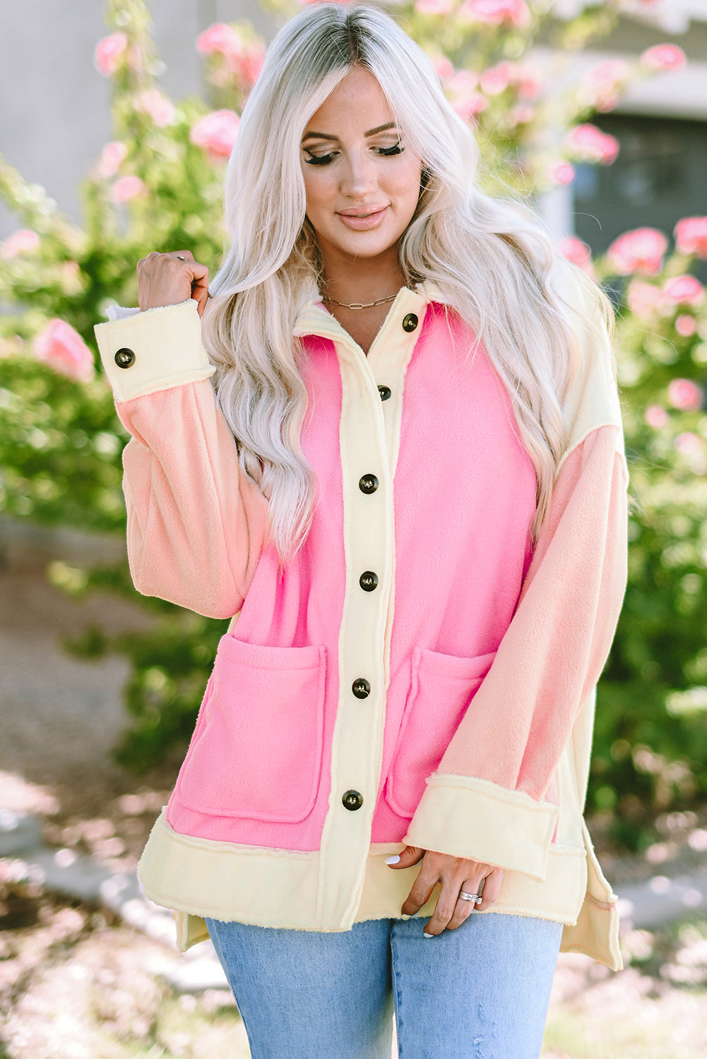 Colour Block Patchwork High Low Fleece Shacket | Rose