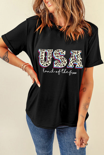 Leopard Uas Land Of The Free Graphic T Shirt | Black