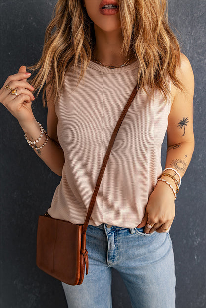 Crew Neck Waffle Tank Top | Apricot