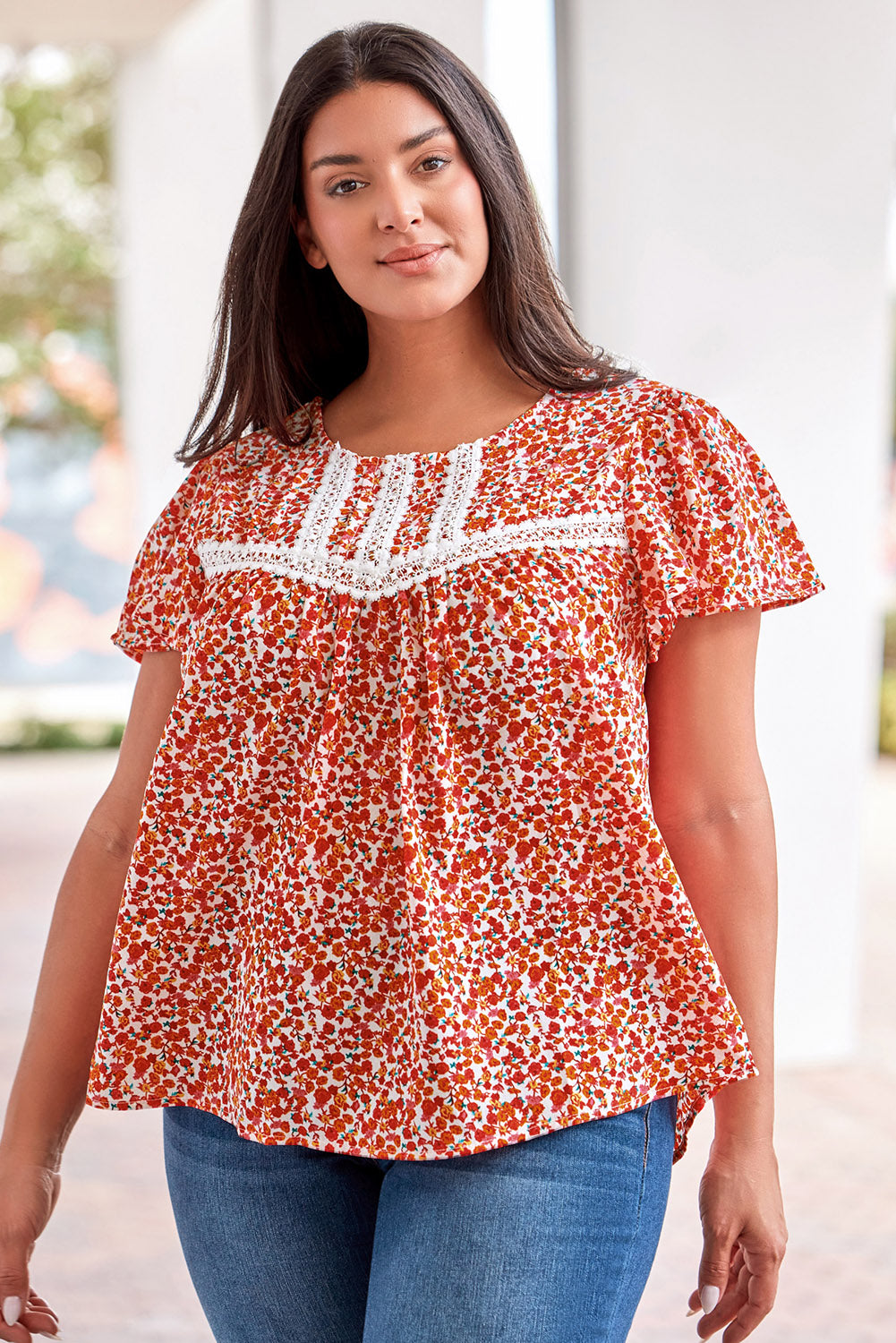 Fiery  Floral Printed Lace Trim Plus Ruffle Sleeve Blouse | Red