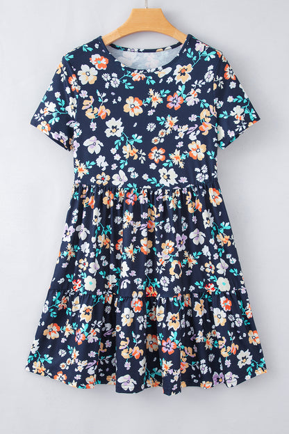 Short Sleeve A-Line Floral Dress | Blue