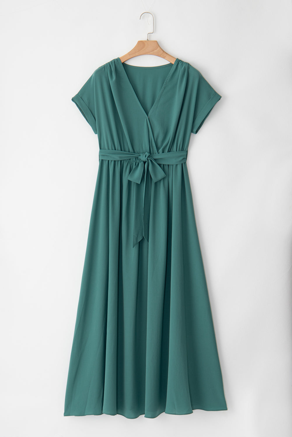 Solid Colour V Neck Wrap Pleated Short Sleeve Maxi Dress | Blackish Green