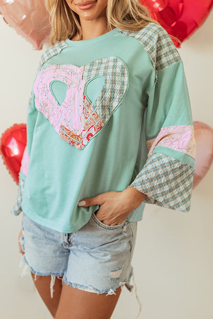 Plaid Floral Peace Heart Graphic Wide Long Sleeve Top | Clearly Aqua