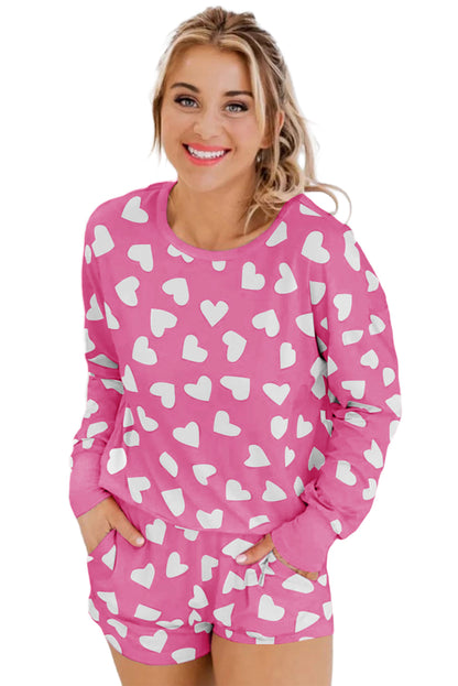 Valentine Heart Shape Print Long Sleeve Top Shorts Lounge Set | Pink