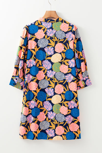 Hydrangea Floral Print Bishop Sleeve V Neck Shift Dress | Navy Blue