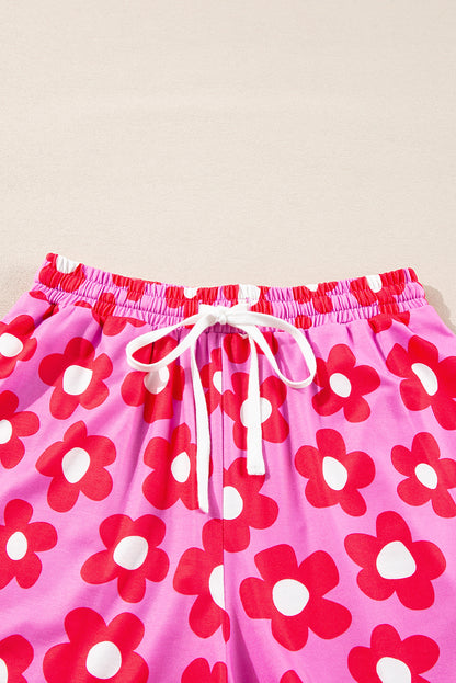 Flower Print Long Sleeve Shirt Shorts Pajamas Set | Pink