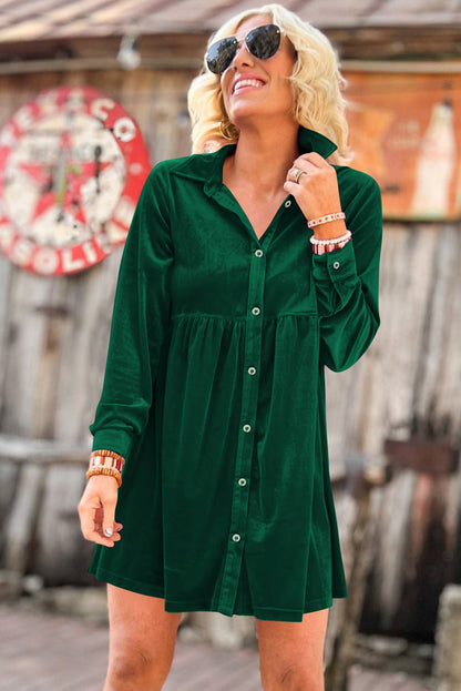 Long Sleeve Ruffle Velvet Button Up Dress | Green