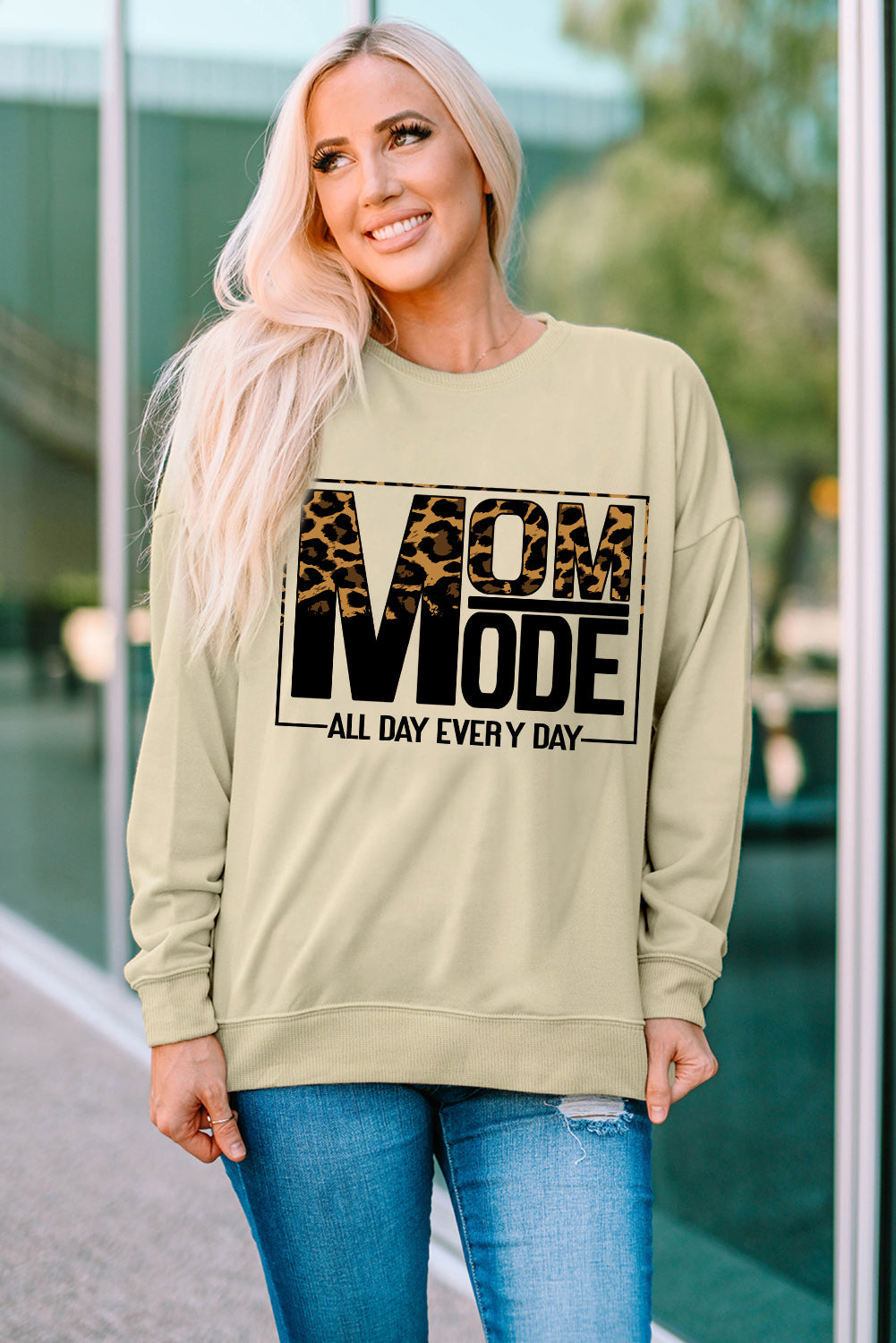 Mom Mode Leopard Print Long Sleeve Sweatshirt | Khaki