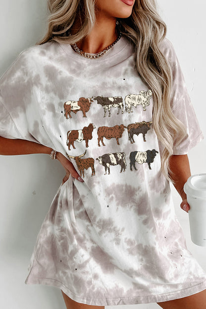 Western Cattle Tie Dye Print O Neck Oversized Tee | White