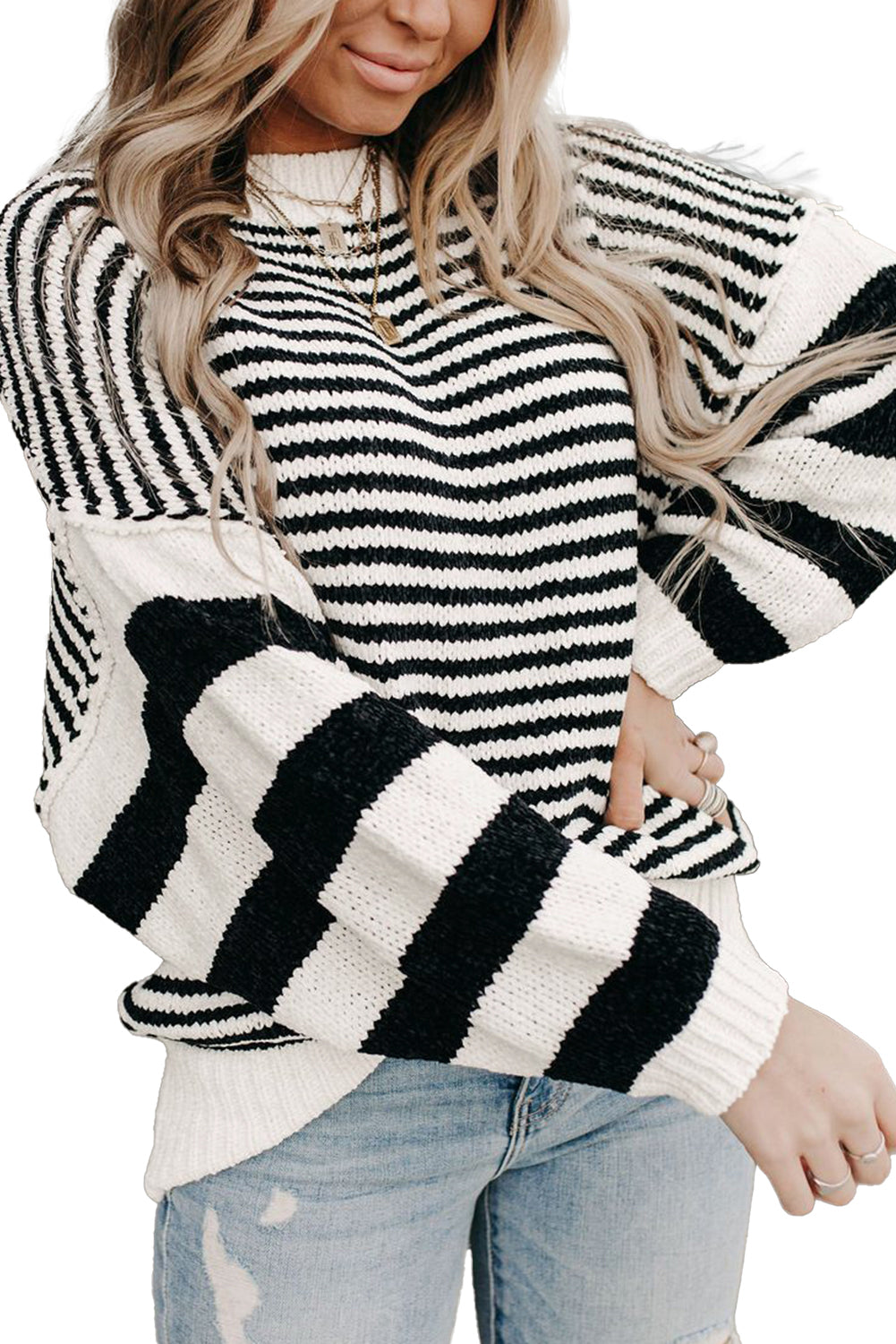 Black White Striped Drop Shoulder Bishop Sleeve Knit Sweater | Black white