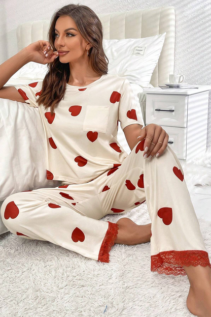 Valentines Heart Print Lace Hem Tee Pants Pajama Set | White