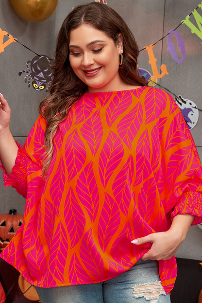 Leafy Printed Smocked Lantern Sleeve Plus Size Blouse | Rose