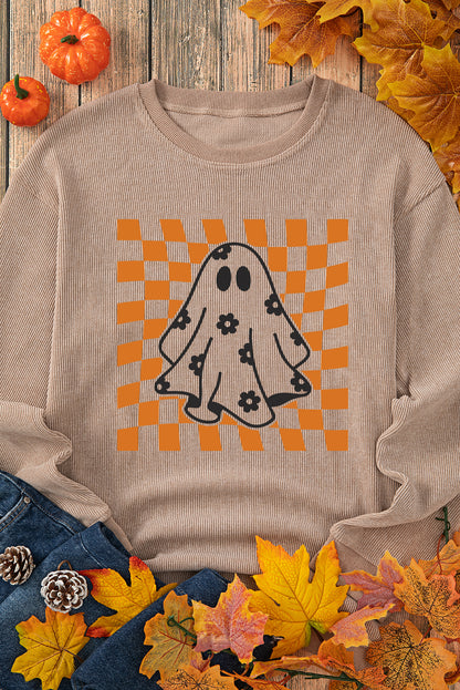 Checkerboard Floral Ghost Graphic Corded Halloween Sweatshirt | Khaki