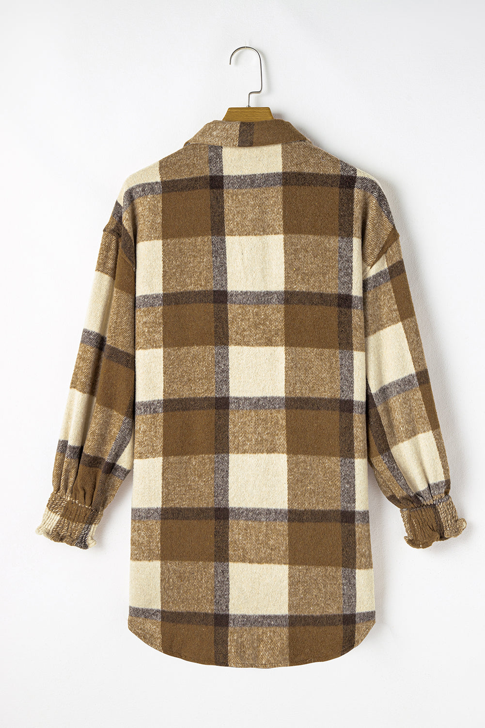 Plaid Flap Pocket Smocked Cuff Shacket | Brown