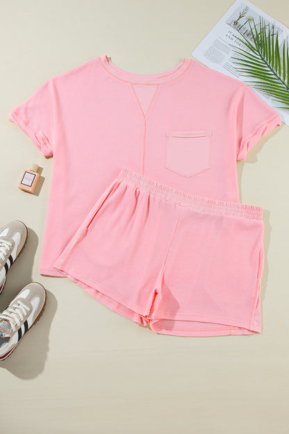 Plus Size Ribbed Exposed Seam Tee And Shorts Set | Pink