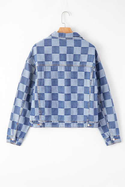 Checkered Patchwork Button Up Denim Jacket | Light Blue