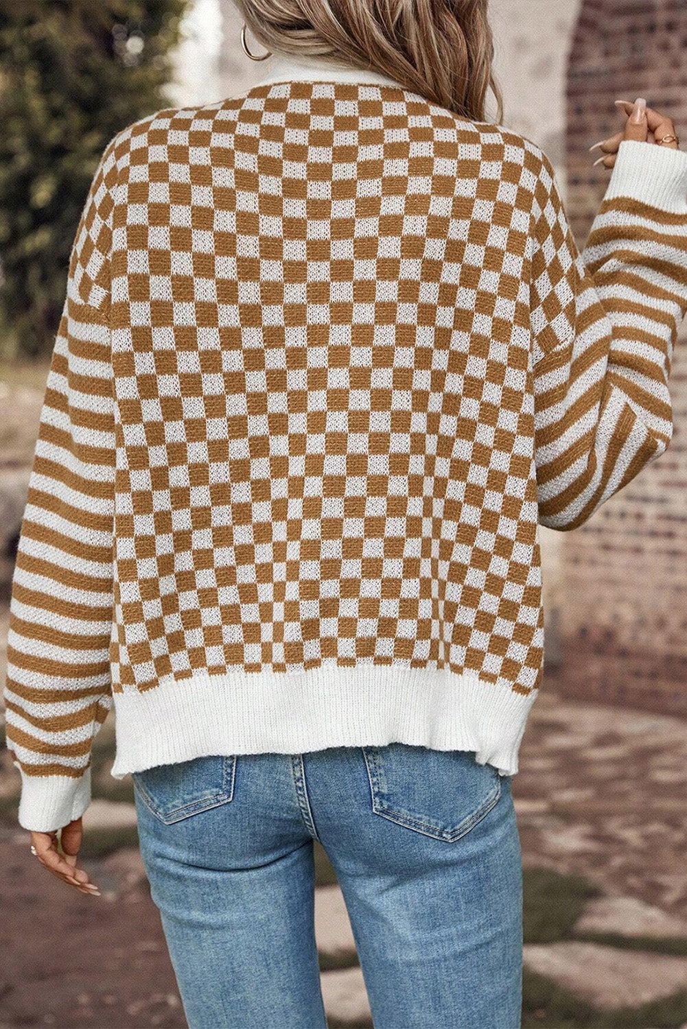 Checkered Striped Patched Buttoned V Neck Cardigan | Brown