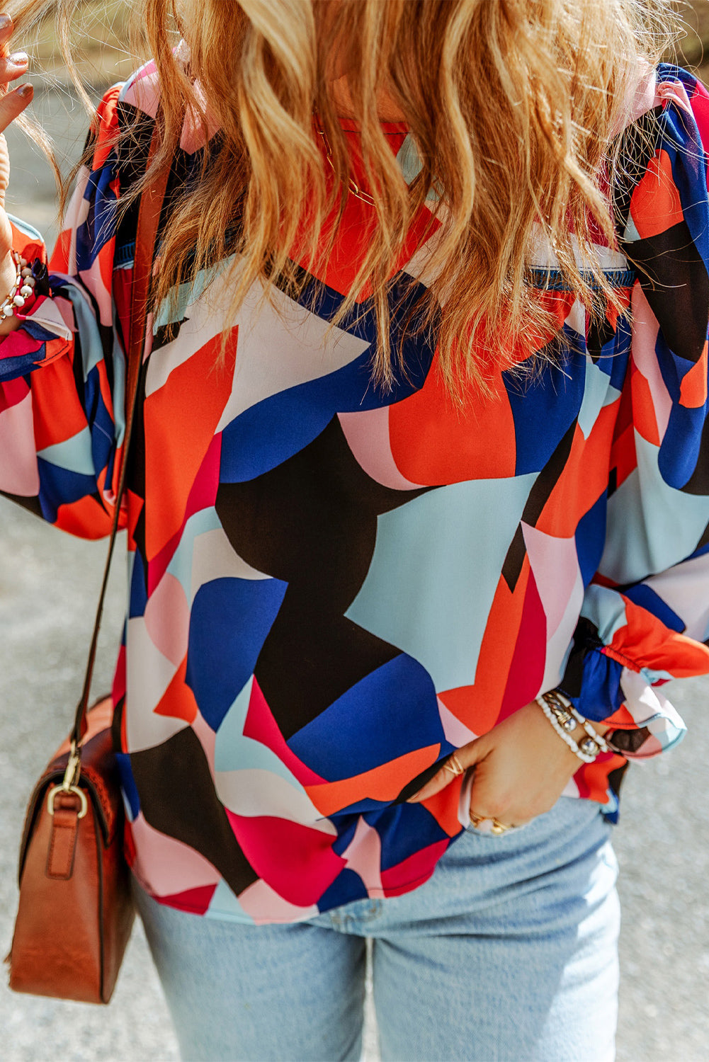 Abstract Pattern Crewneck Ruffled Puff Sleeve Blouse | Multicolour